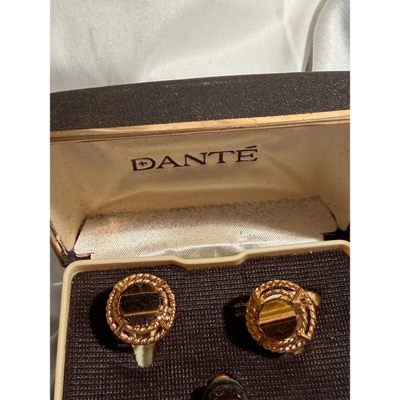 Vintage Dante Tigers Eye Cufflinks and Tie Tack Set Gold Tone Mid Century Boxed - Picture 4 of 7